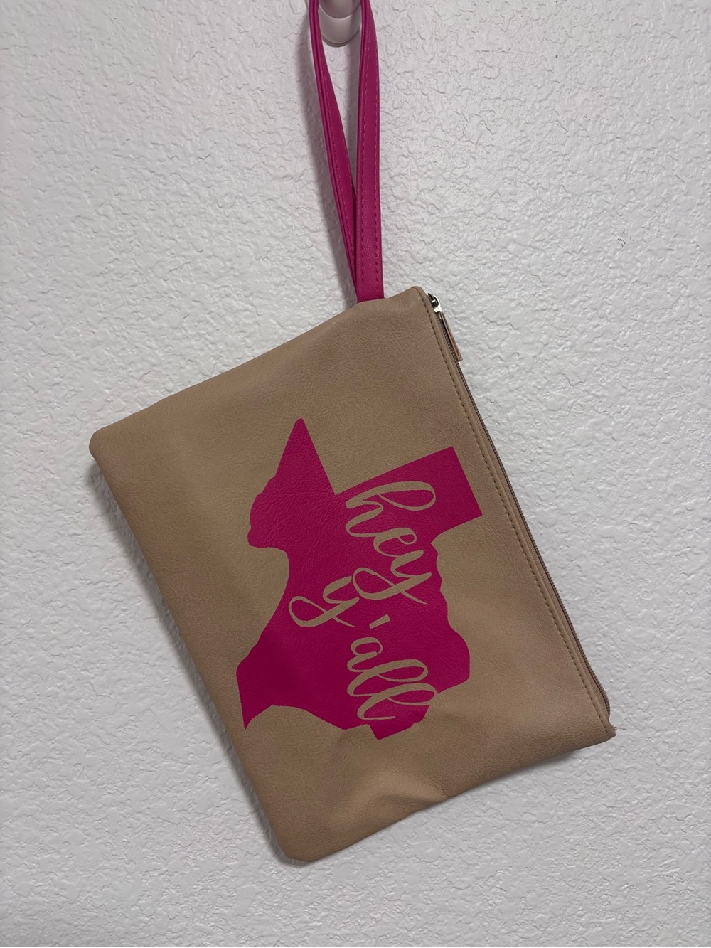 Beige Wristlet Clutch with Pink Texas Graphic
